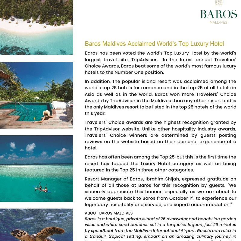 Baros Maldives Acclaimed World’s Top Luxury Hotel