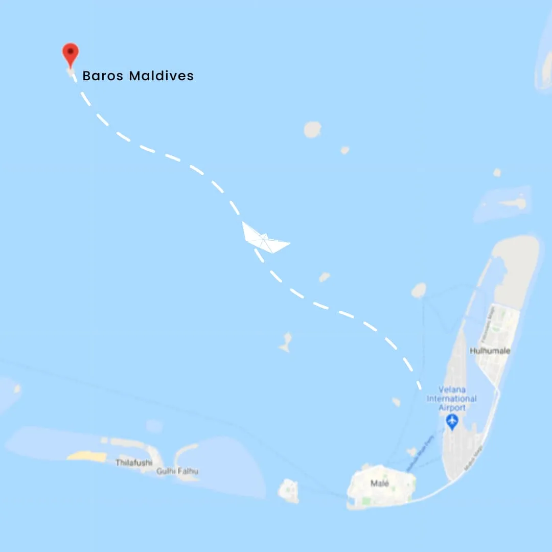 Map of the Maldives showing the route from Malé to Baros Maldives