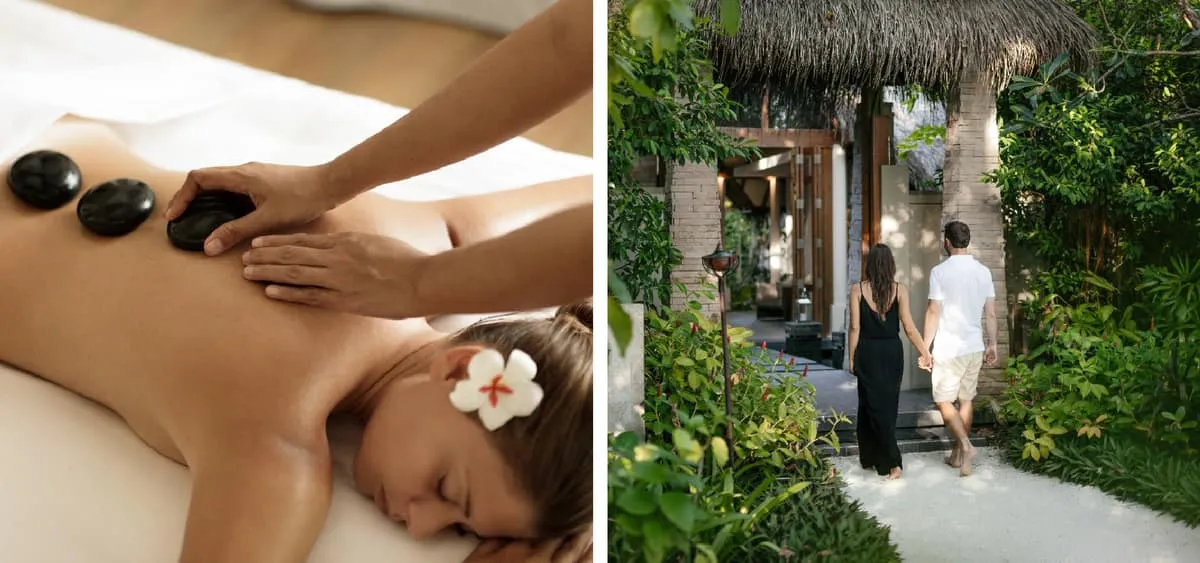 Hot stone massage beside a couple walking along a garden path to the spa