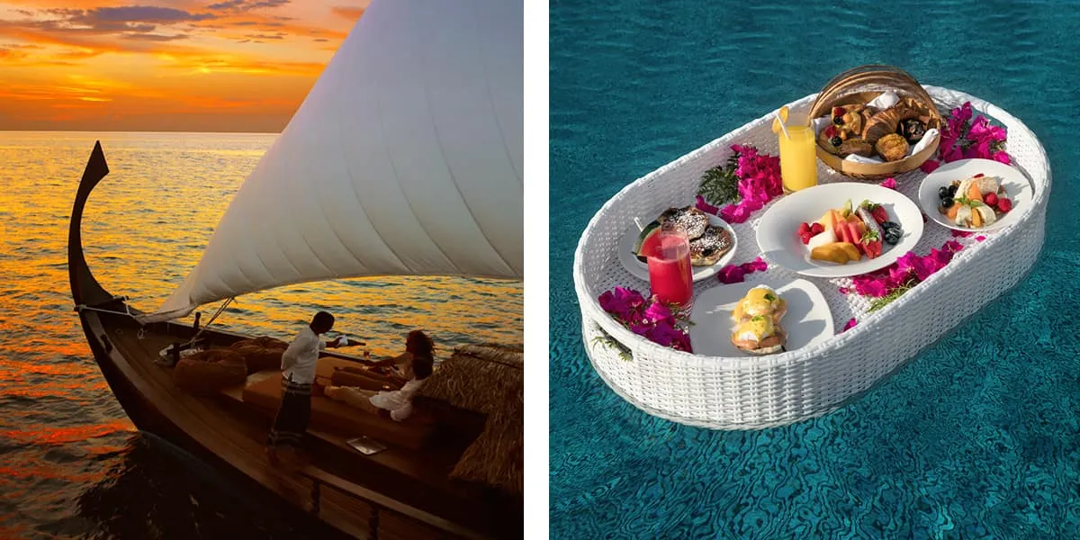 Couple aboard a traditional sailing dhoni at sunset, and a floating breakfast tray