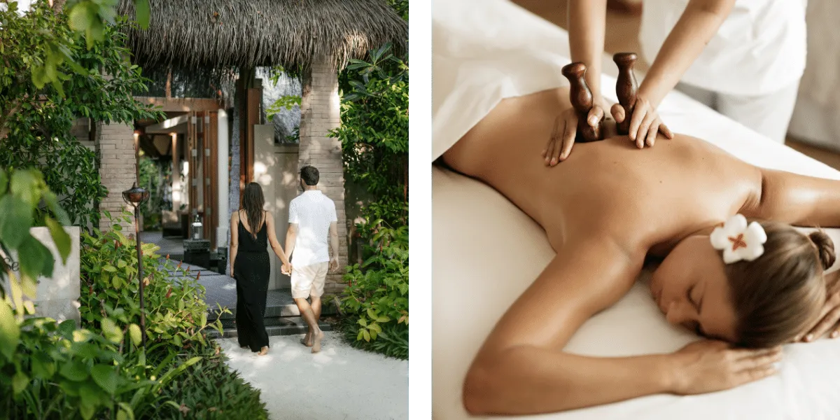 Couple walking to a thatched spa pavilion, and a woman enjoying a back massage