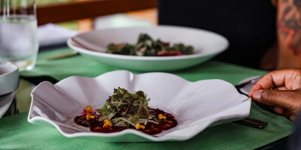 Plated salads on a green table setting, with a diner holding a fork