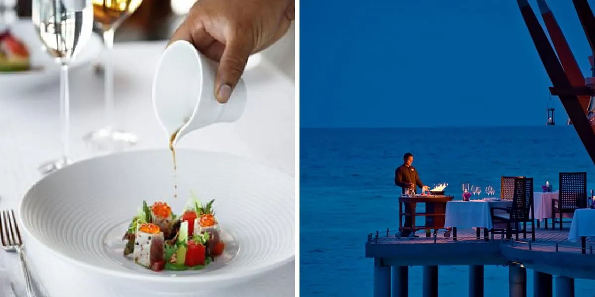 Sauce being poured over a plated dish, and a diner on the overwater deck at dusk