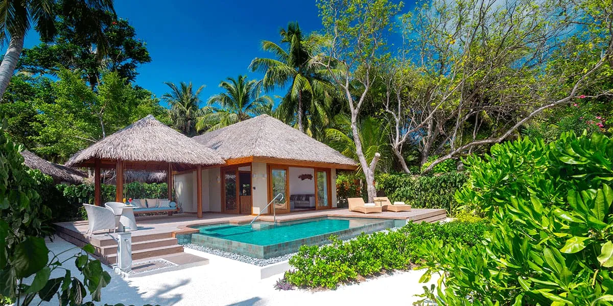 Thatched villa with a private pool surrounded by tropical greenery