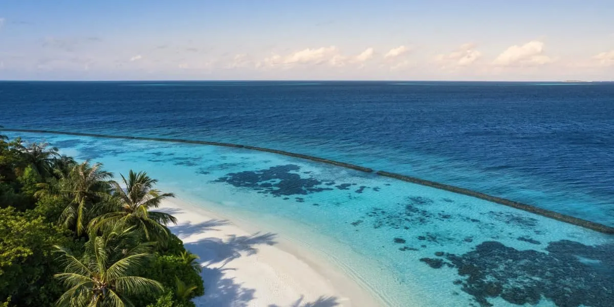 Palm-lined beach and shallow lagoon stretching to the open sea