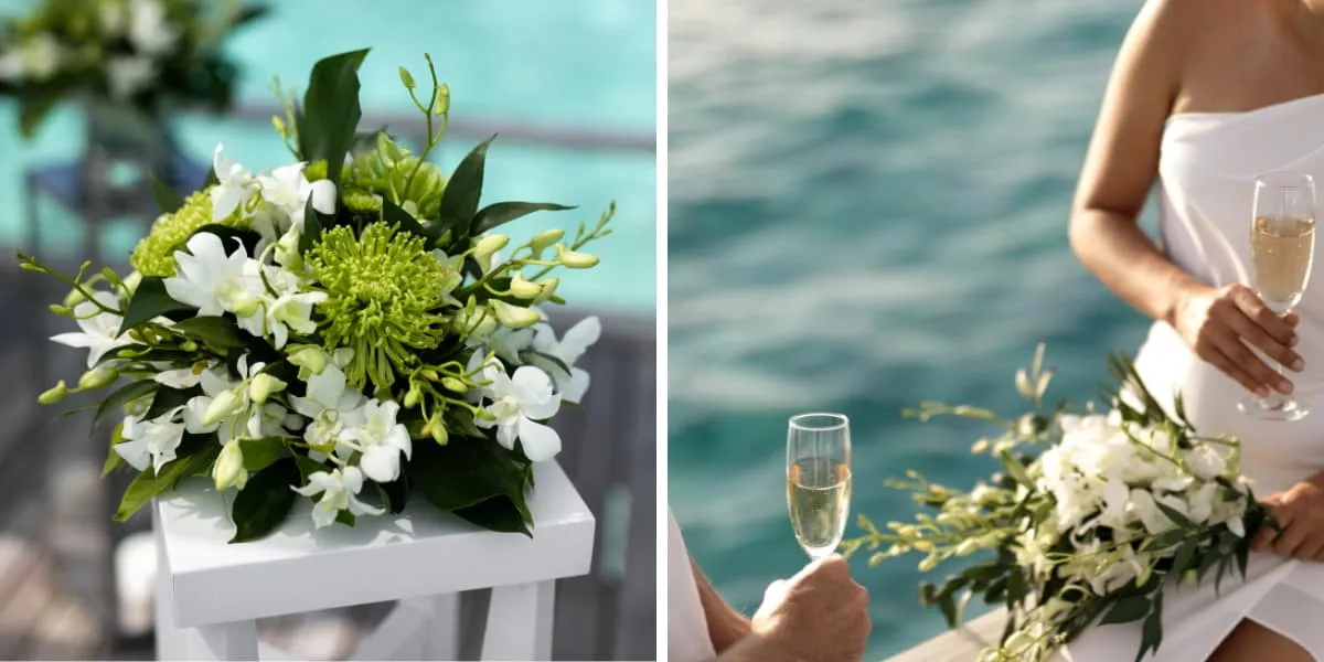 White floral arrangement, and a bride holding champagne and a bouquet