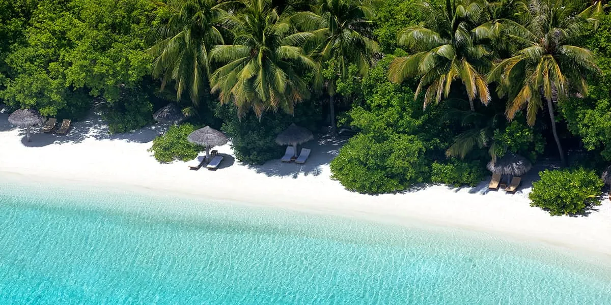 Aerial view of a palm-lined white sand beach and clear turquoise lagoon