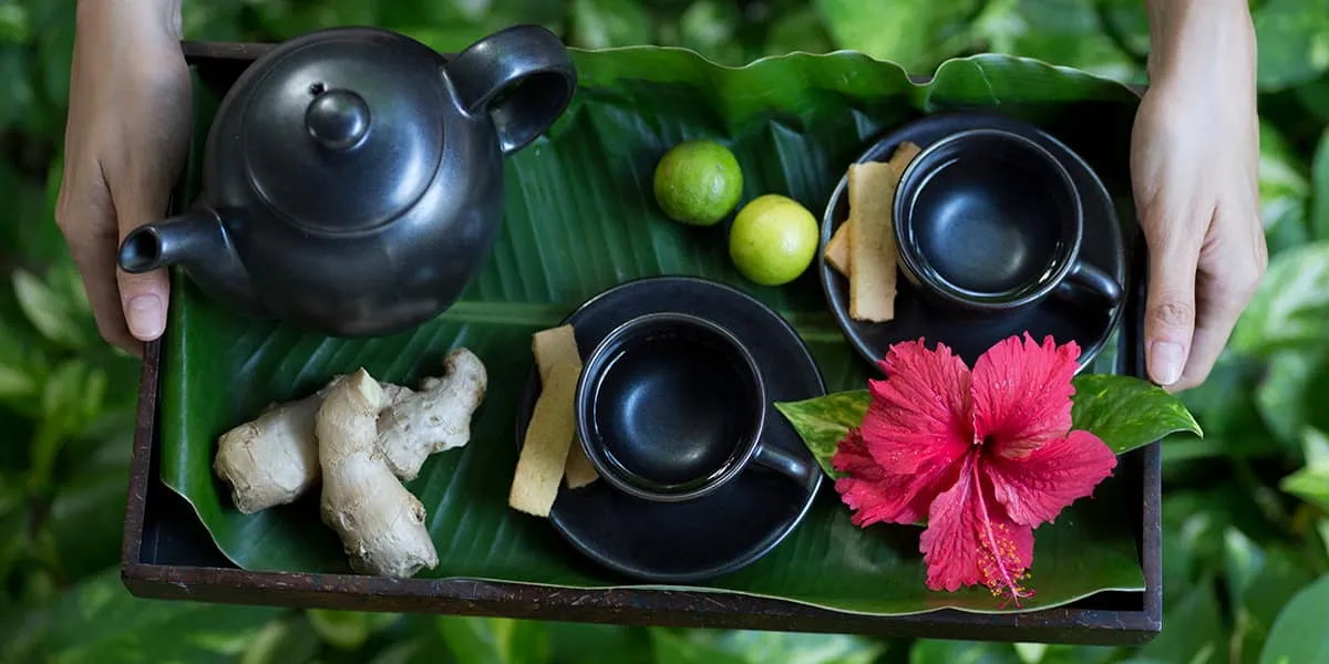 Hands holding a tray of teapot, cups, ginger, limes and a hibiscus flower