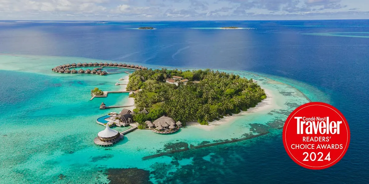 Aerial view of Baros with a Condé Nast Traveler Readers' Choice Awards 2024 badge