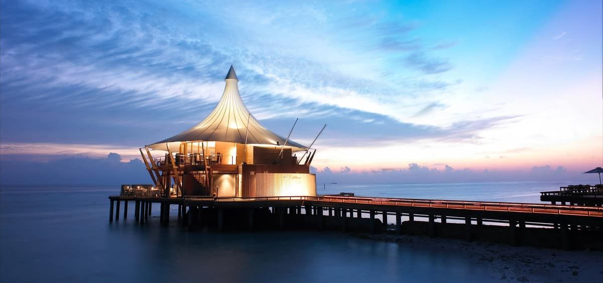 The Lighthouse restaurant on its jetty at twilight