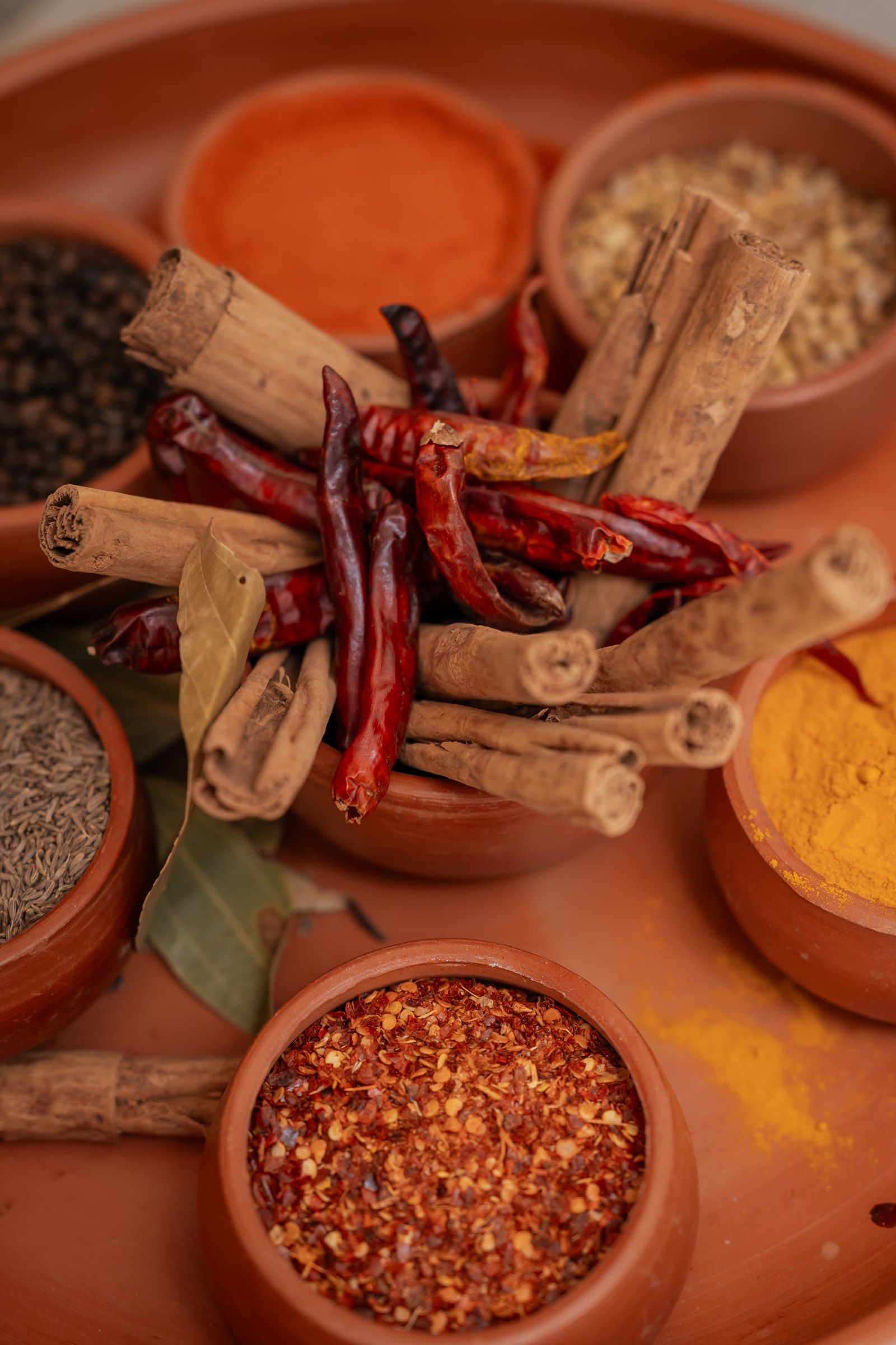 Bowls of Maldivian spices: cinnamon, dried chillies, turmeric and cumin