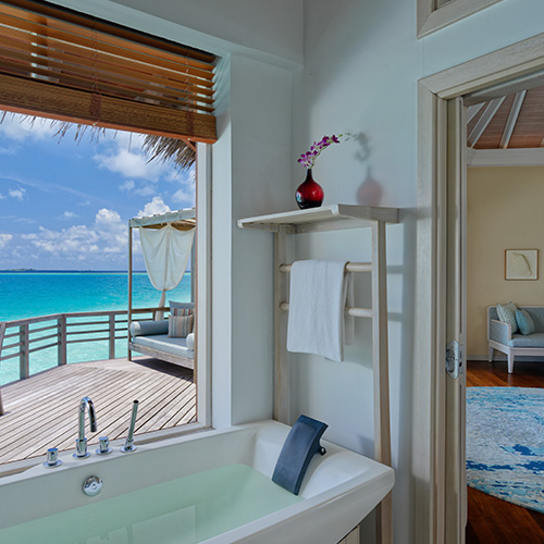 Interior of a bathroom of a water pool villa at Baros Maldives
