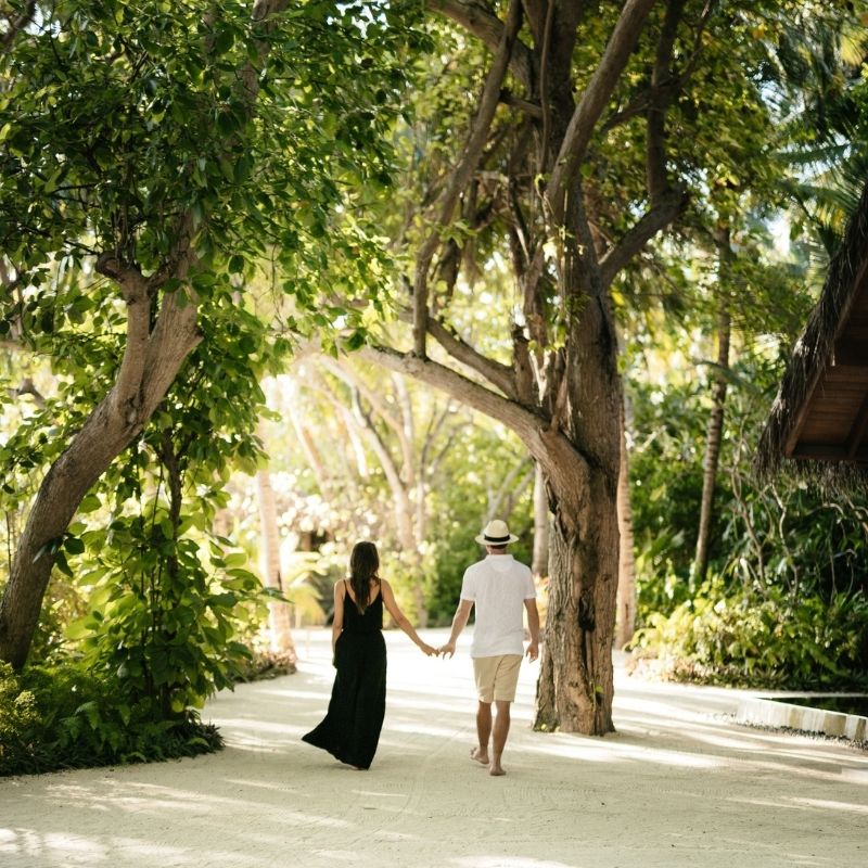 Couple Walking Through the Topical Environment at Maldives 